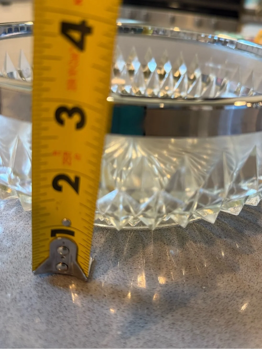 Vintage Round Cut Glass Serving Bowl with Silver Rim